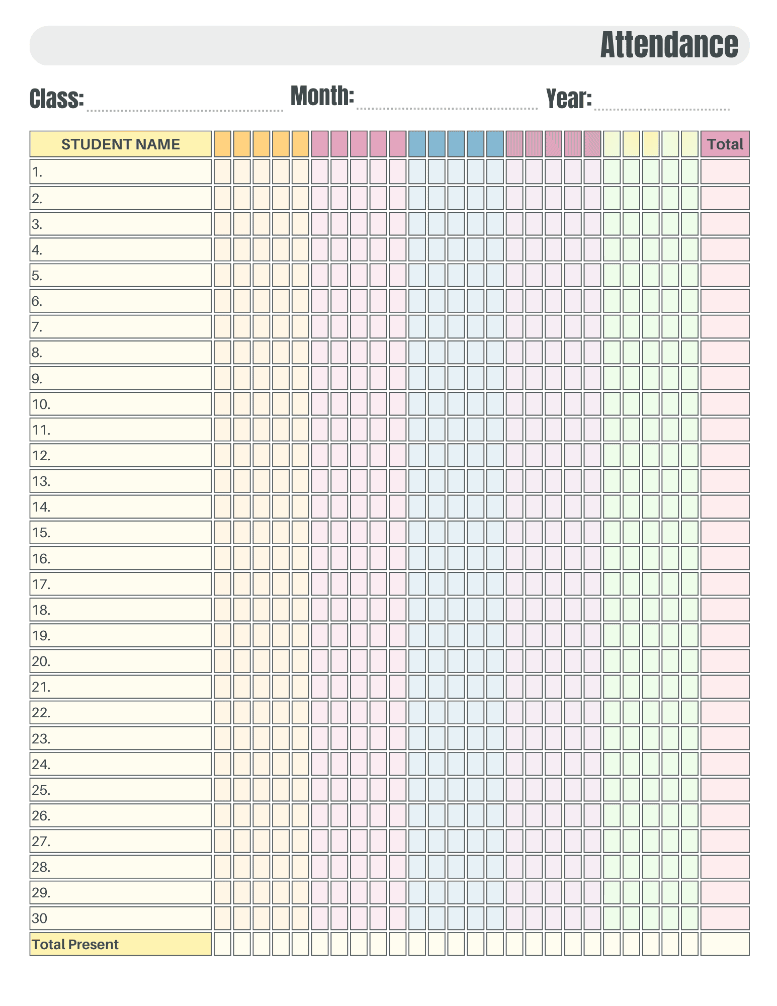 Printable Blank Attendance Sheet