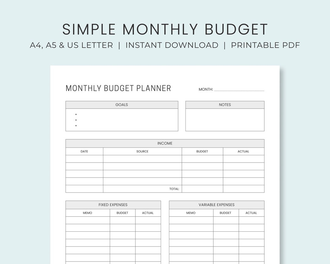Monthly Budget Planner Printable Simple Budget Worksheet Personal Budget Template Instant Download Etsy