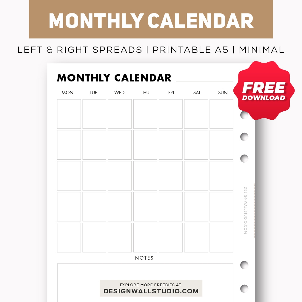 Monthly Calendar Printable Insert A5 Free PDF Download Two Page Layout 2 Versions