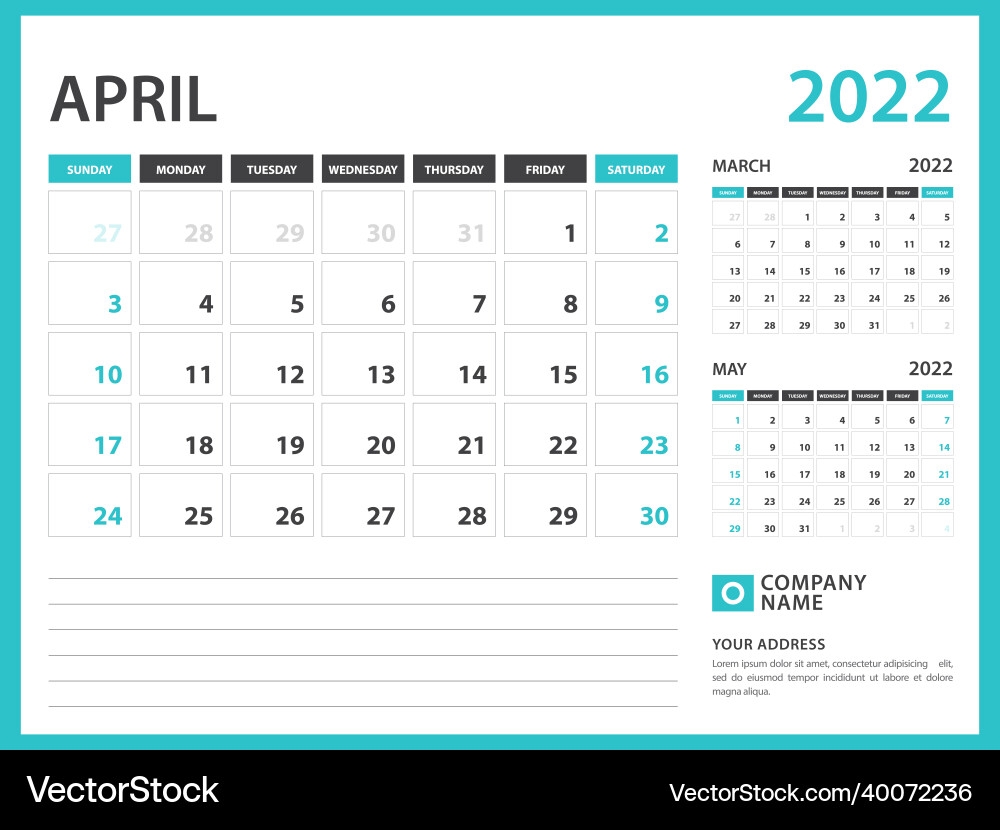 Monthly Calendar Template For 2022 Year April 202 Royalty Free Vector VectorStock Monthly Calendar Template For 2022 Year April 202 Royalty Free Vector VectorStock