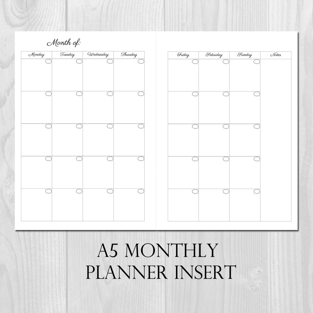 Monthly Planner Printable Insert A5 Size Undated Month On 2 Pages Etsy