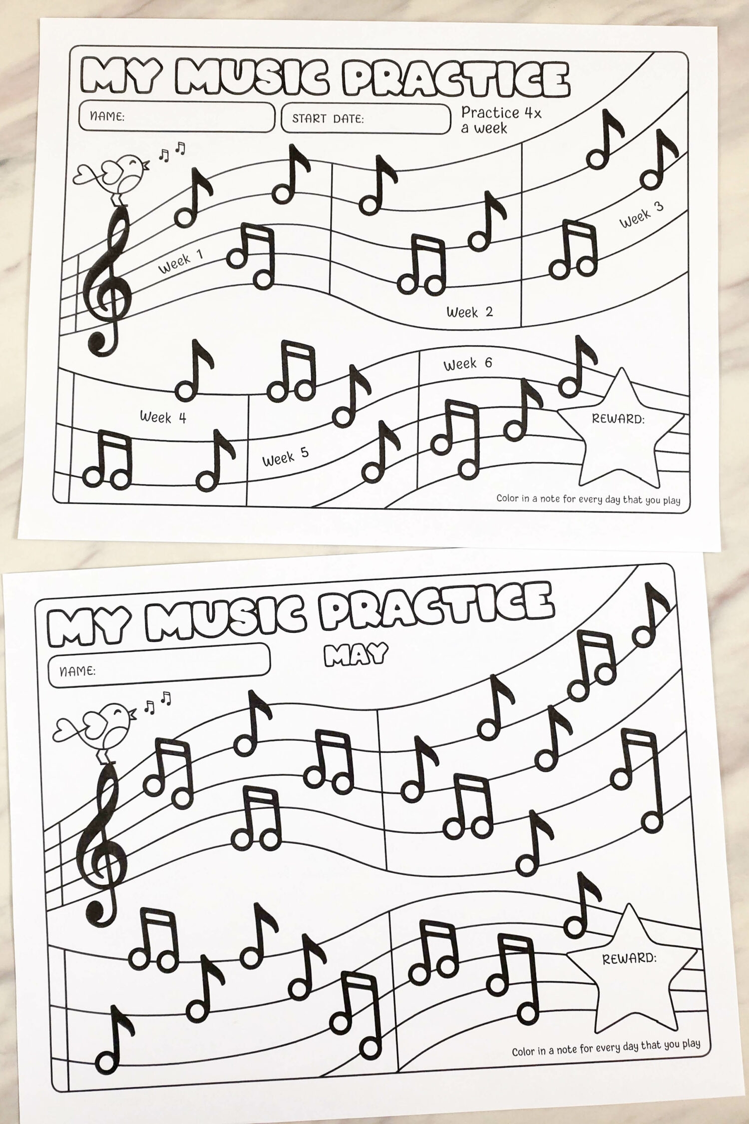 Music Practice Tracker Rewards Chart Printable Primary Singing