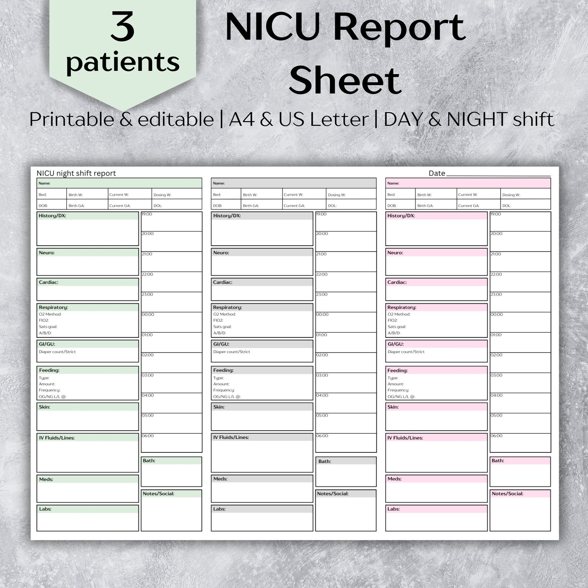 NICU Report Sheet 3 Patient NICU Nurse Brain Day night Shift Editable And Printable Etsy
