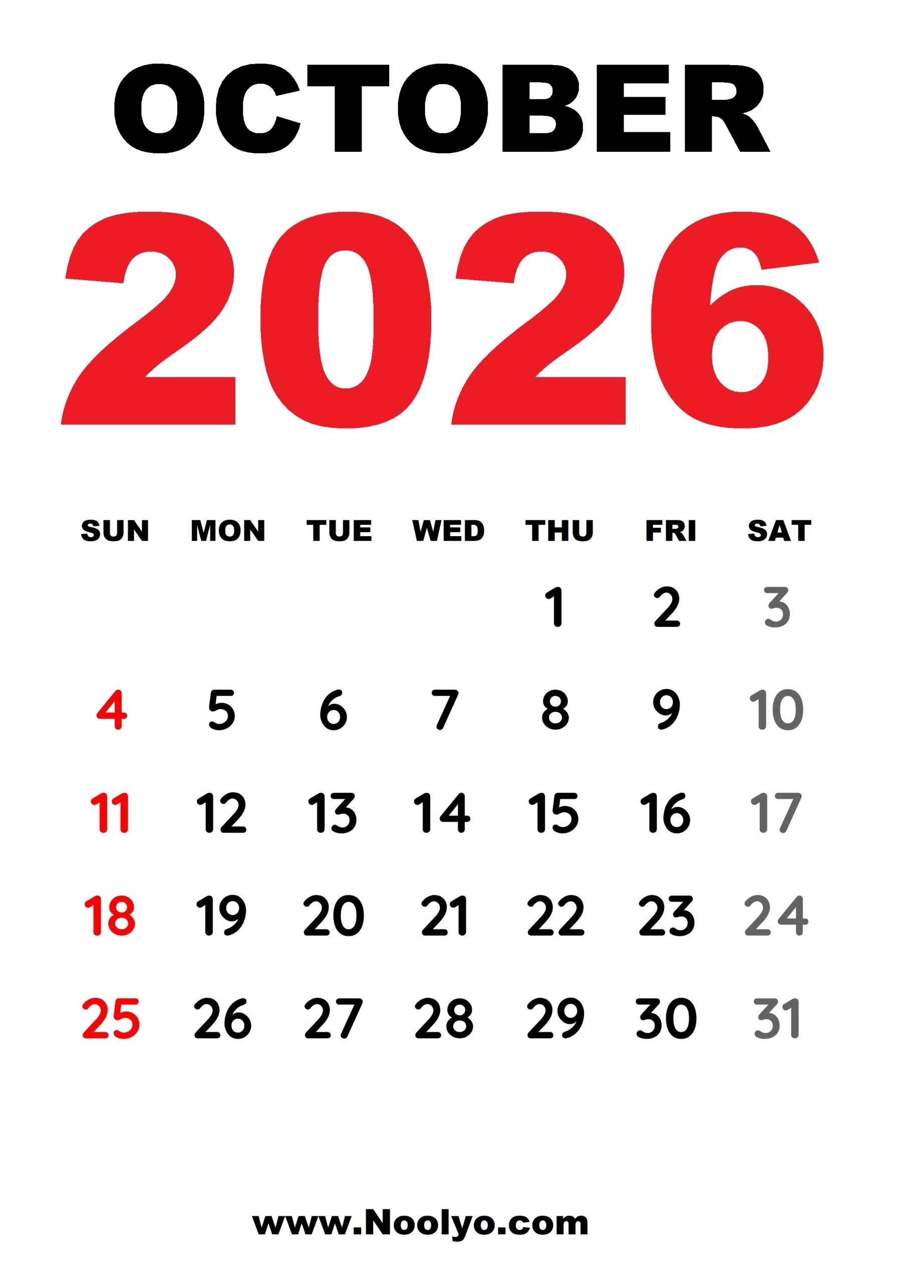 October 2026 Calendar Printable With Holidays