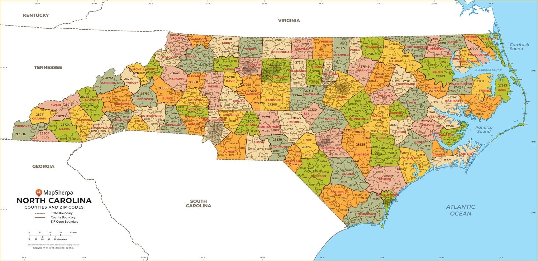 North Carolina ZIP Code Map With Counties Standard Stanfords