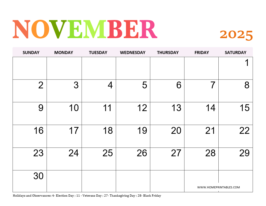 November Thanksgiving 2025 Calendar