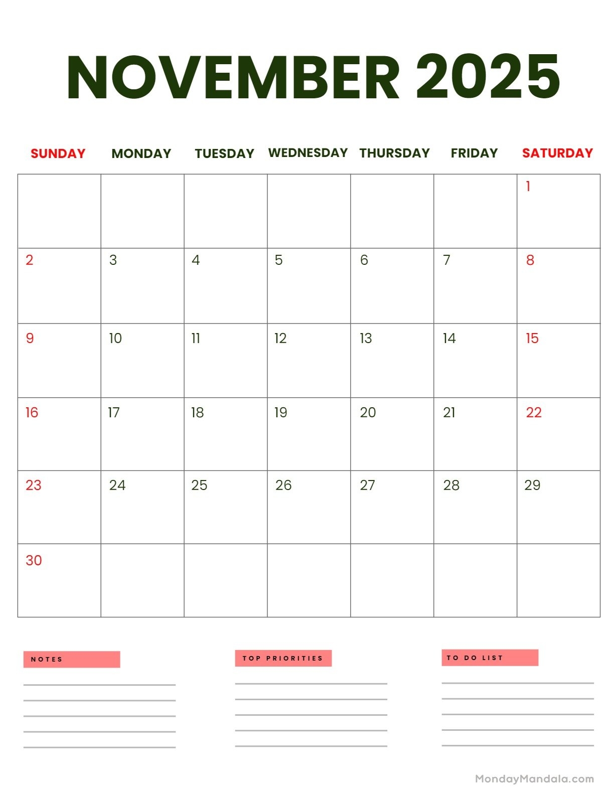 November 2025 Calendar With Holidays Printable Free