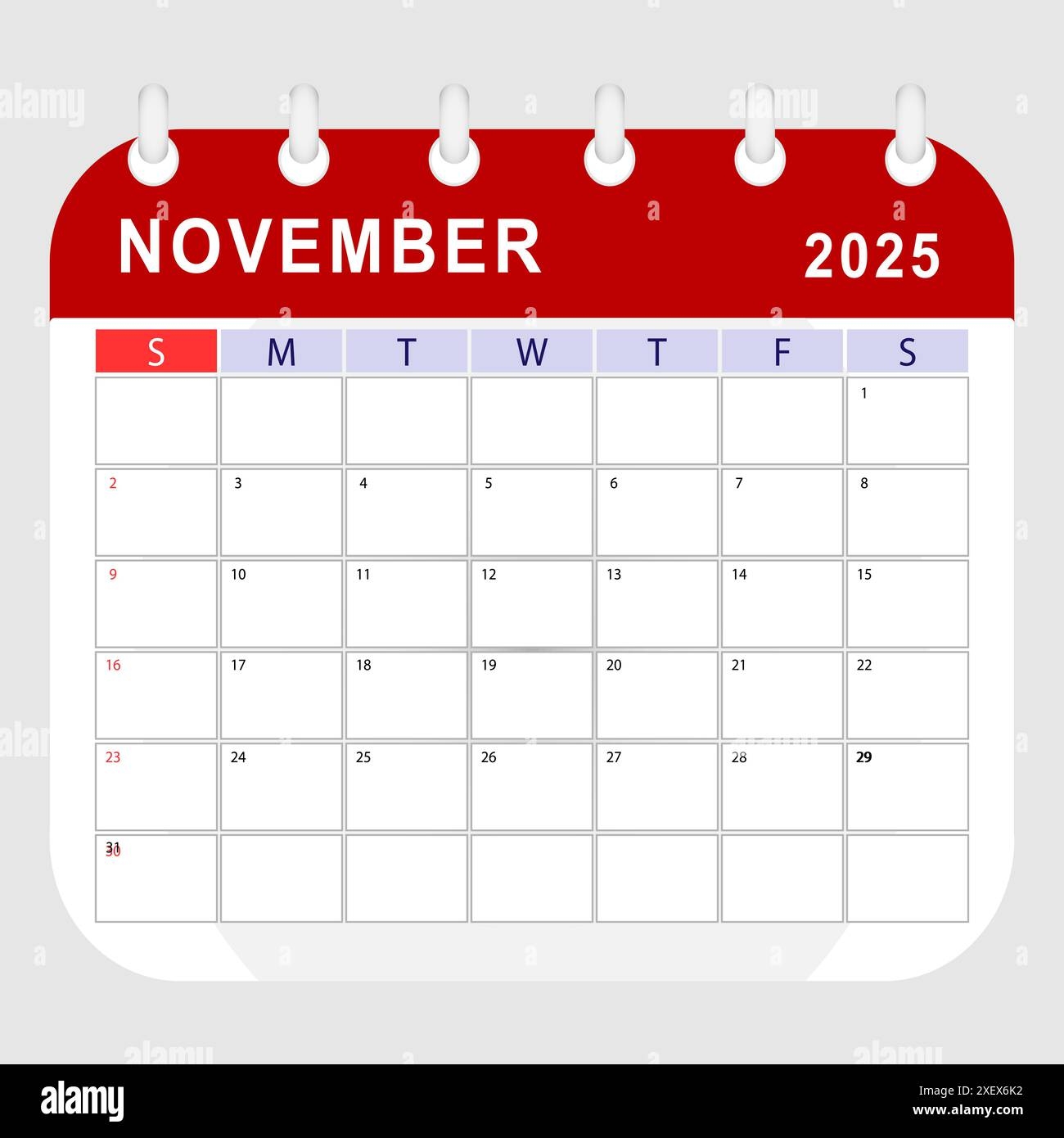 November 2025 Calendar Monthly Planner Template Sunday Start Vector Design Stock Vector Image Art Alamy