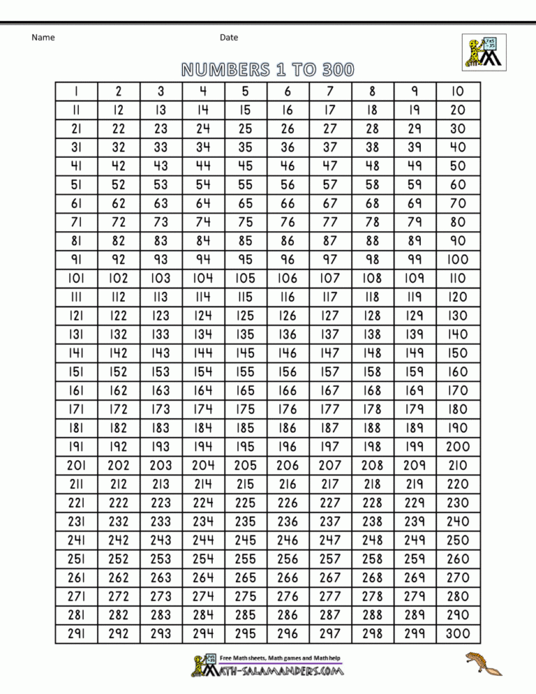 Number Grid Up To 300