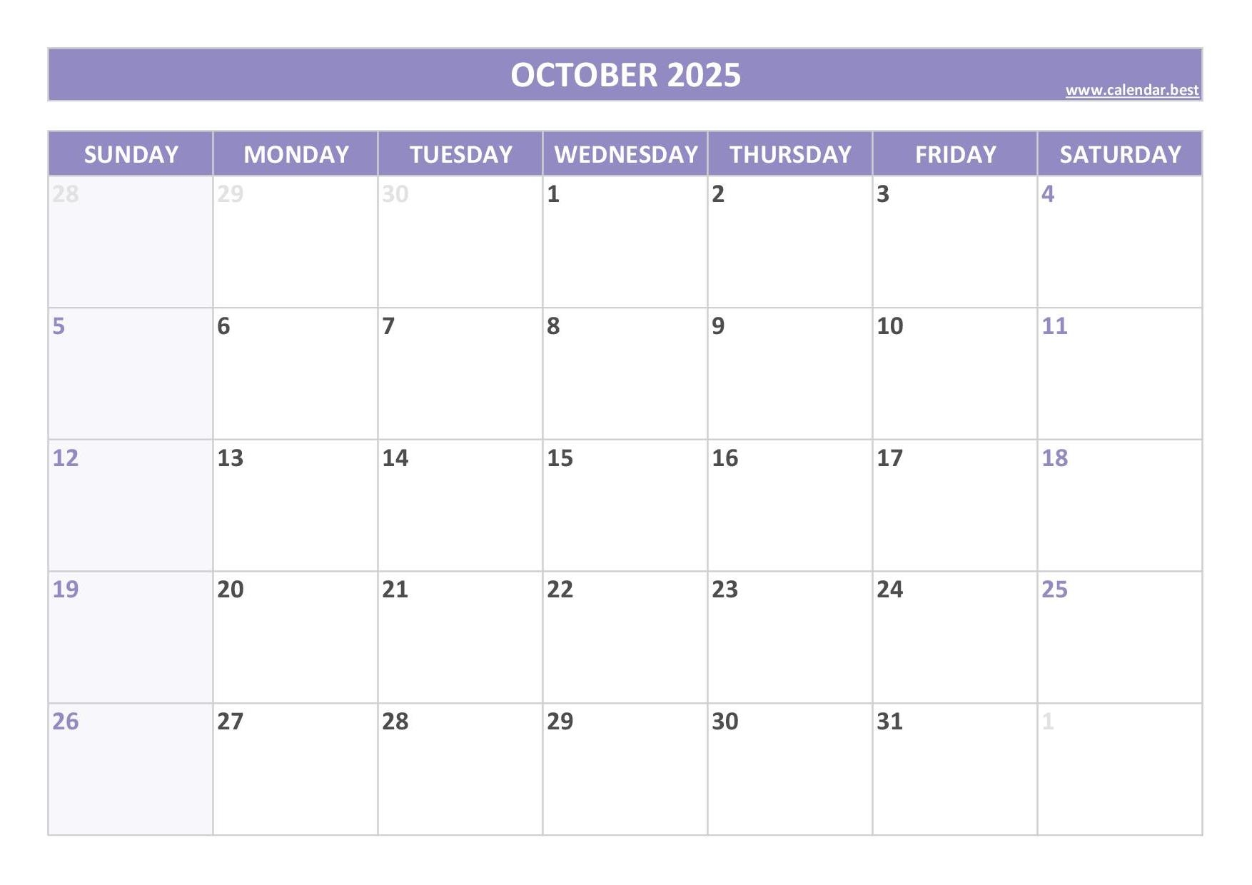 October Free Printable Calendar 2025