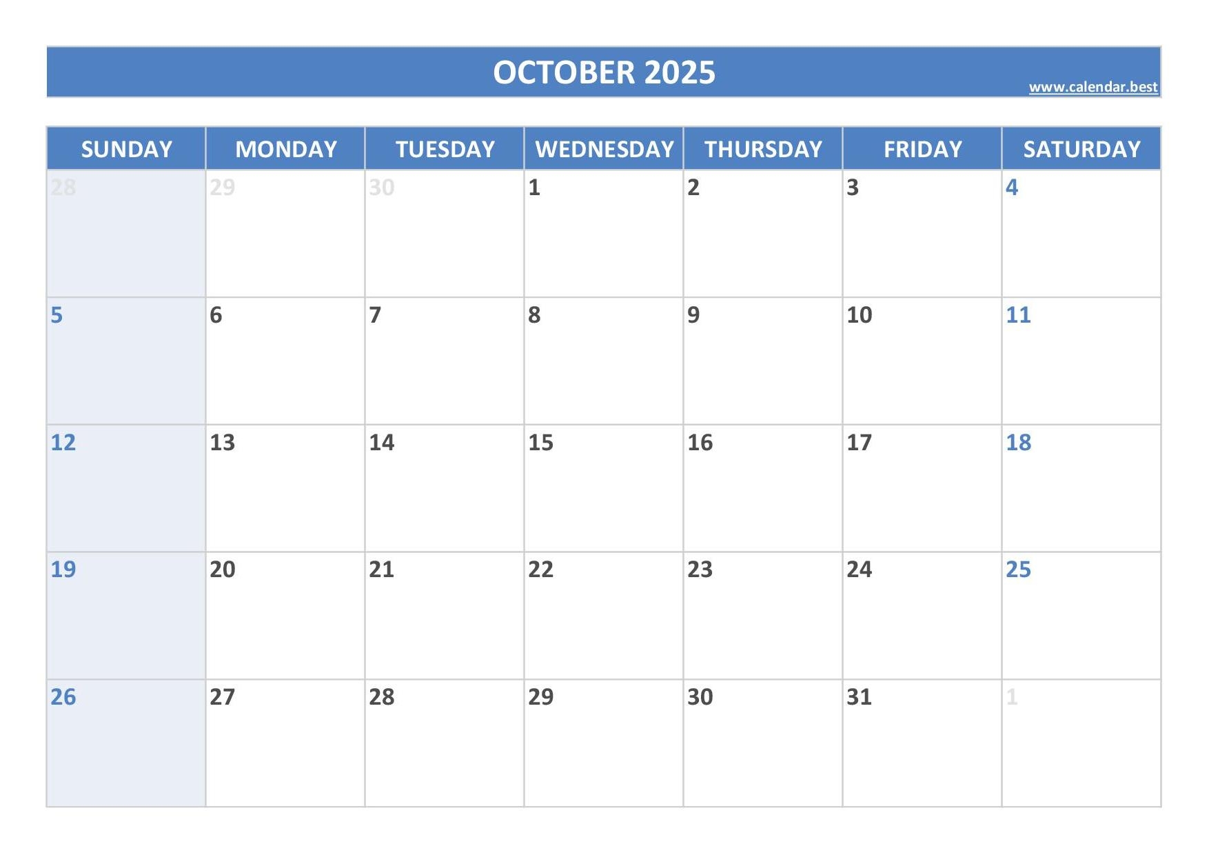 October 2025 Calendar Calendar best