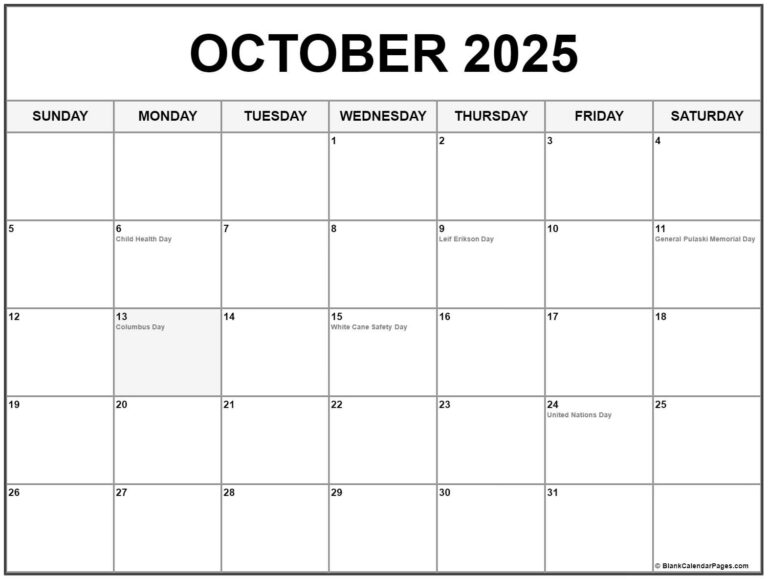 October 2025 With Holidays Calendar