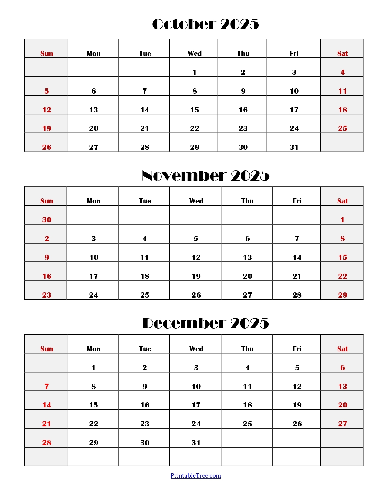 October To December 2025 Calendar Printable PDF Three Months Calendar