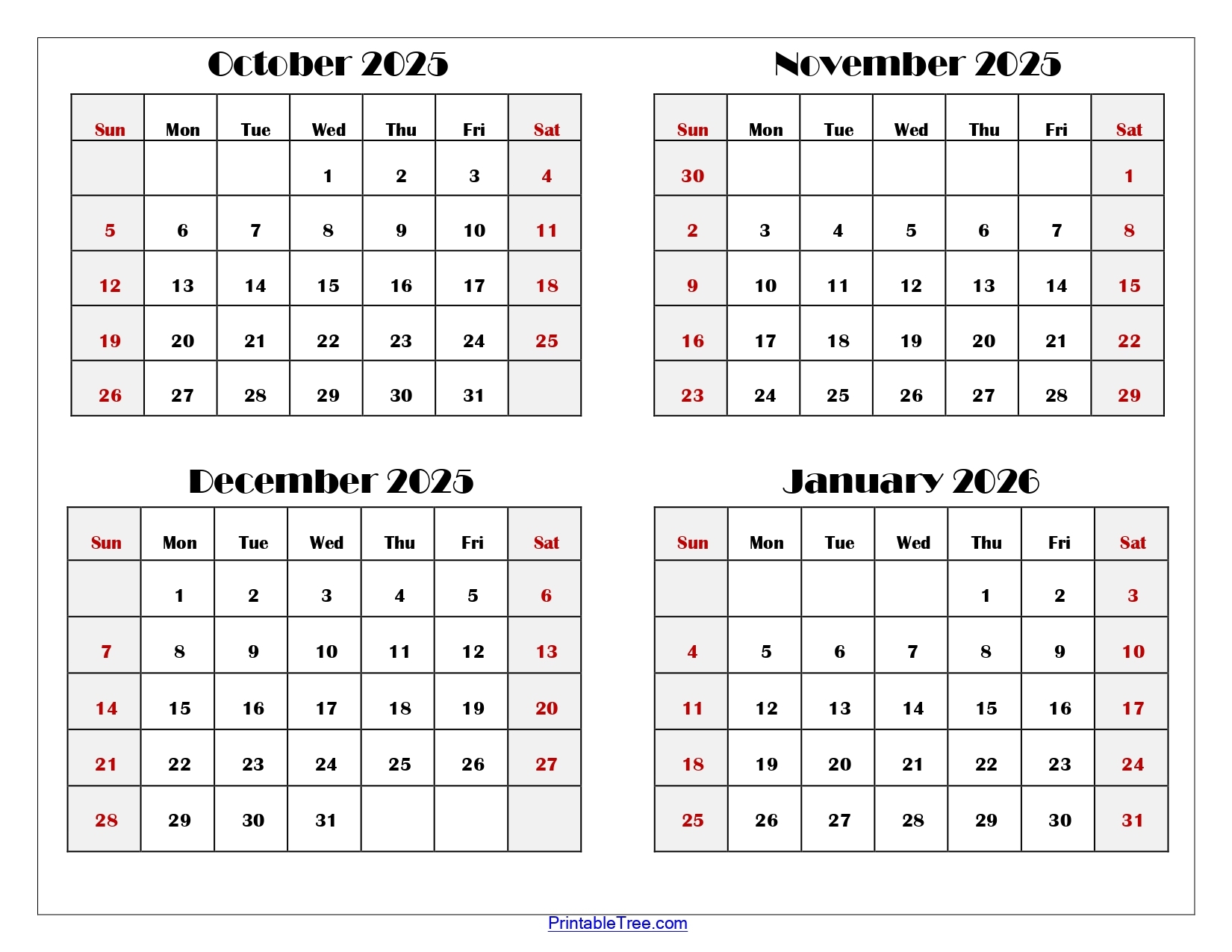 October To January 2026 Calendar Printable PDF Four Months Calendar October To January 2026 Calendar Printable PDF Four Months Calendar