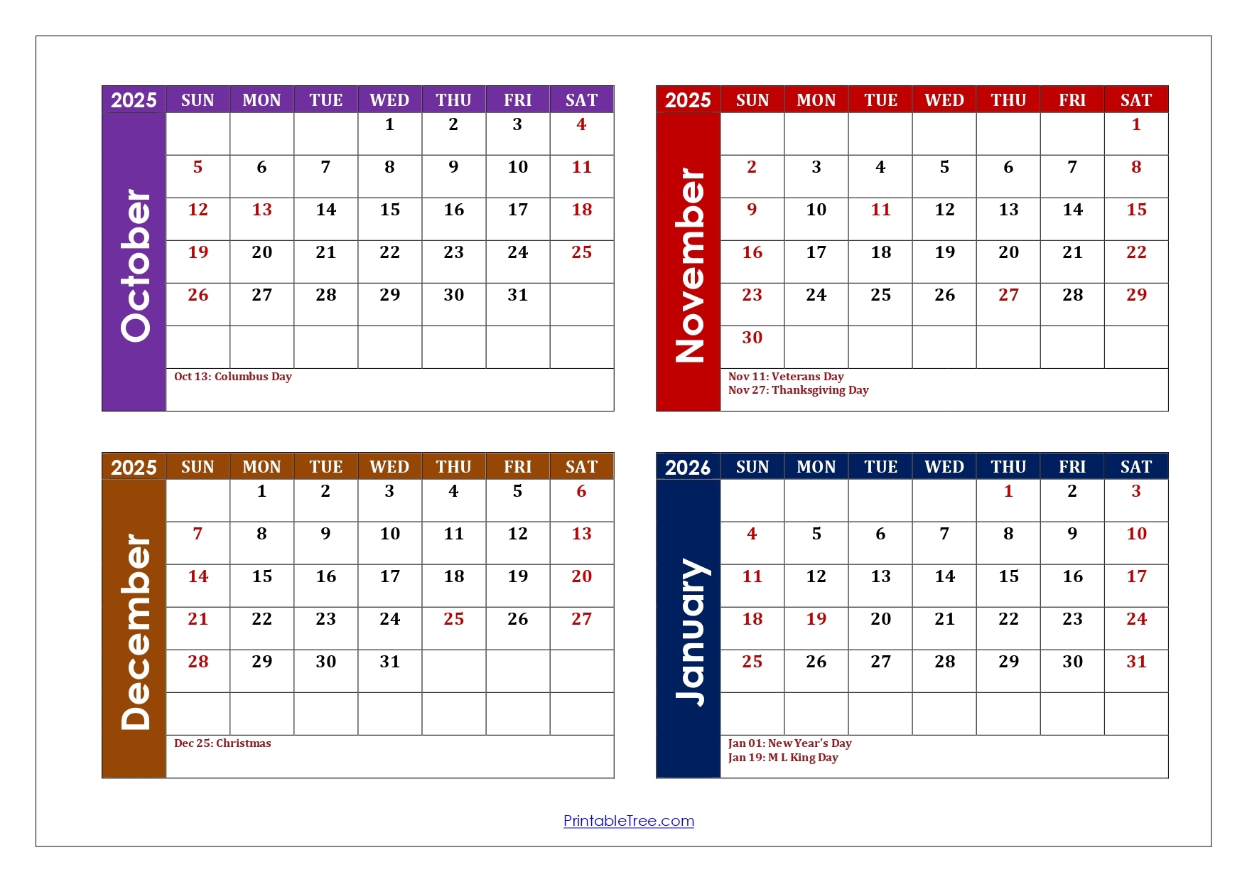 October To January 2026 Calendar Printable PDF Four Months Calendar