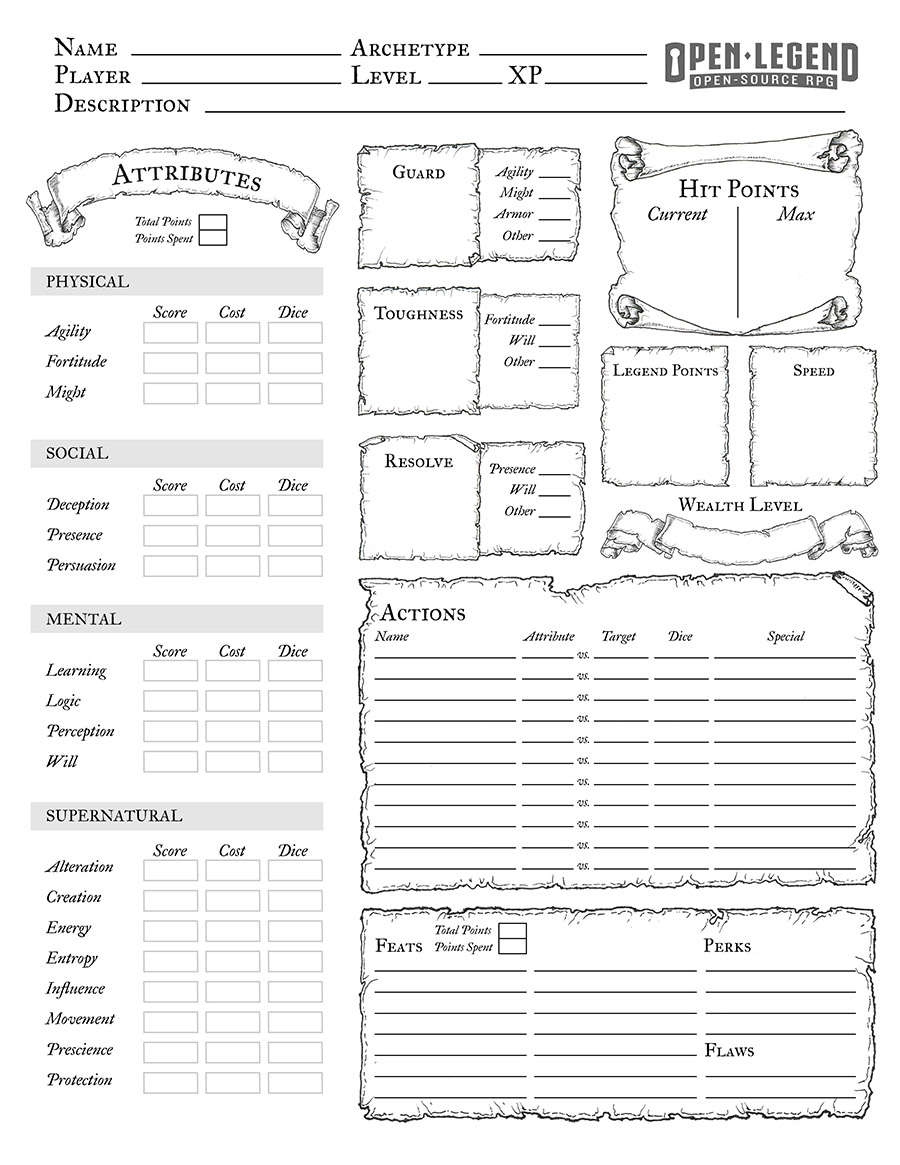 Open Legend Printable Character Sheet Seventh Sphere Publishing DriveThruRPG