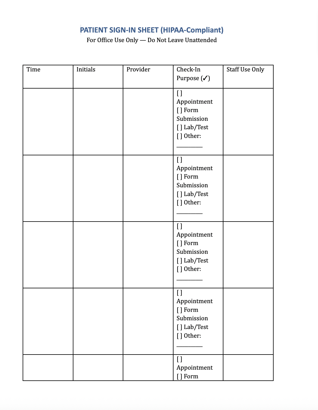 Patient Sign In Sheet Printable Free Template Download