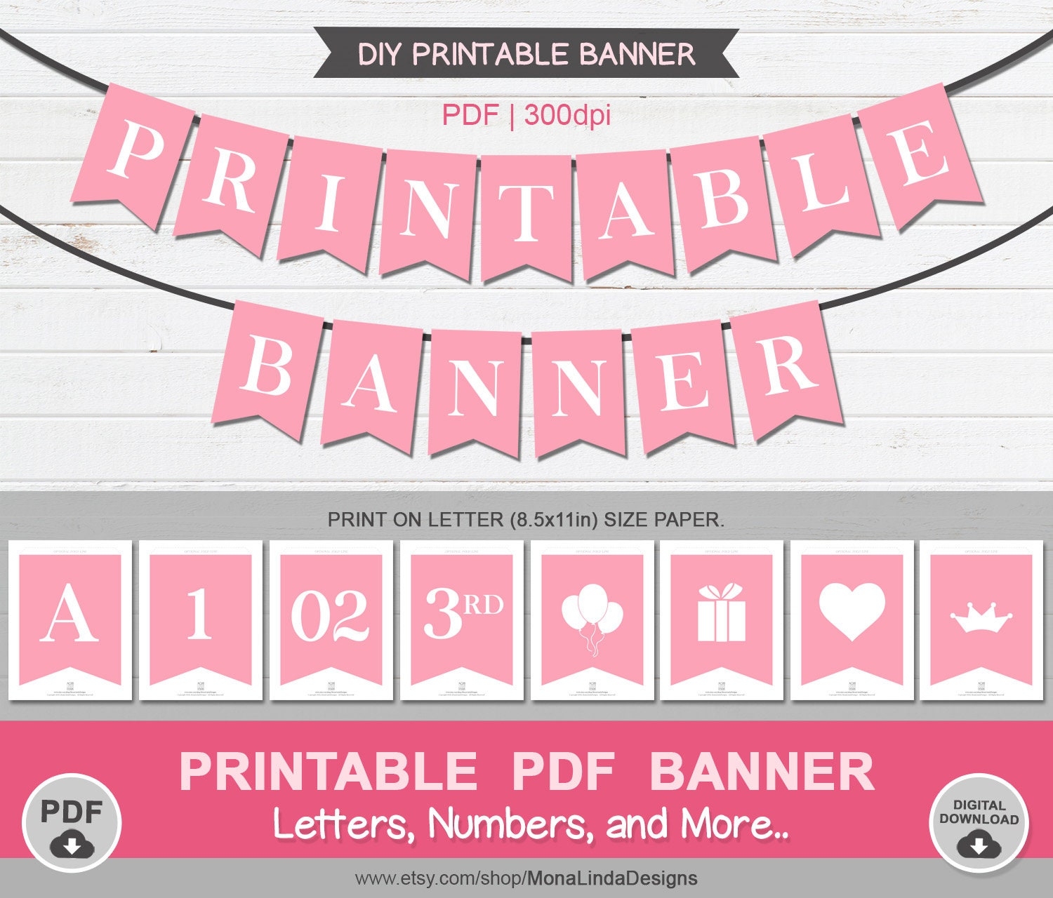 Pink Printable PDF Banner printable Alphabet Letter Banner printable Swallowtail Banner bunting a z Banner Template pink Baby Shower Banner Etsy