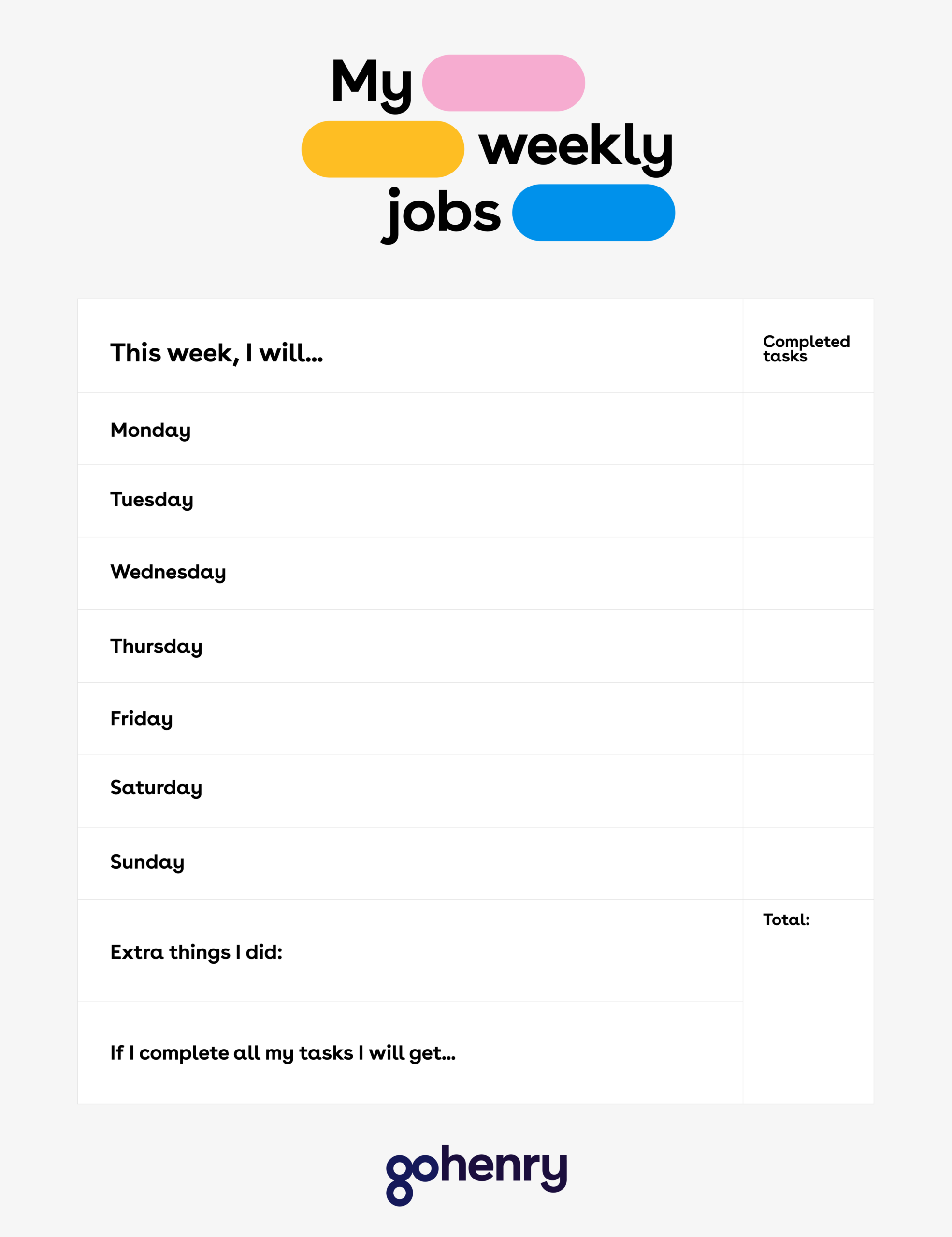 Pocket Money Chart free Template For Your Child To Use GoHenry