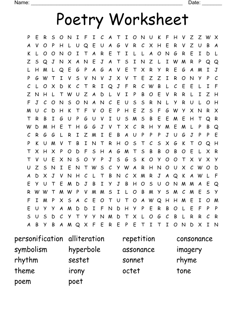 Poetry Worksheet Word Search WordMint