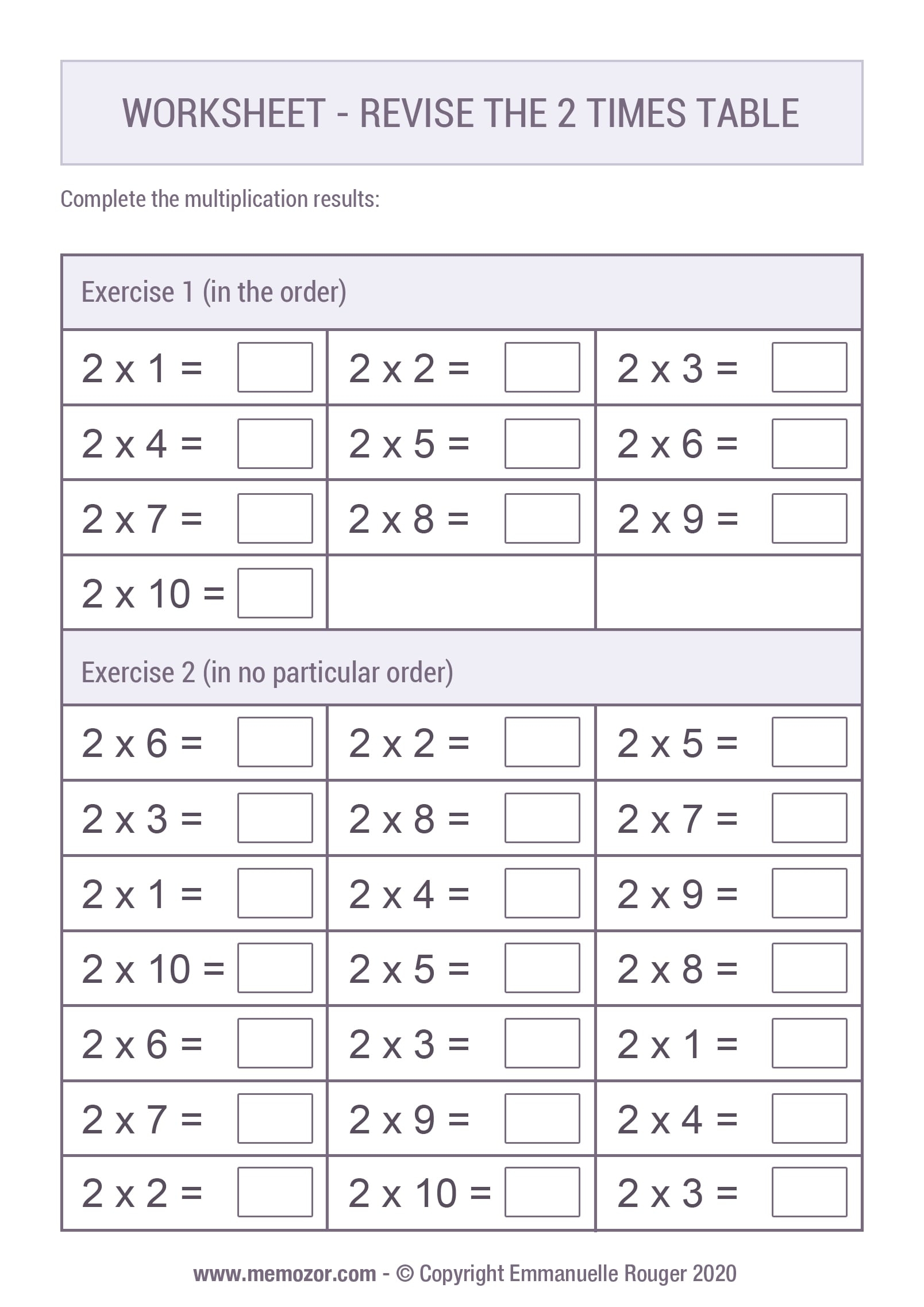 2 Times Table Printable Worksheets