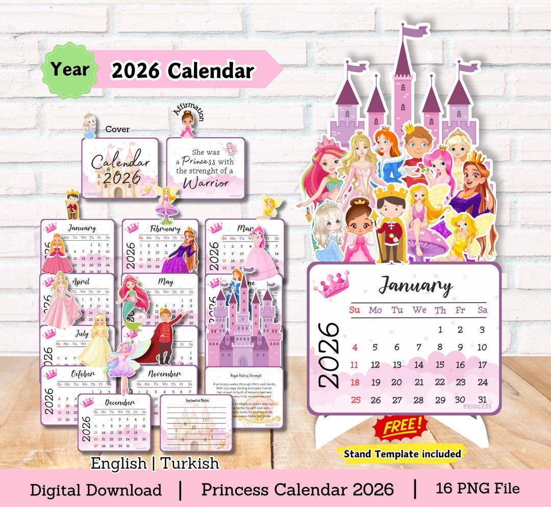 Princess Calendar Kids Calendar Desk Calendar Calendar 2025 Mini Calendar Fairytale Calendar Printable Calendar Monthly Calendar Etsy