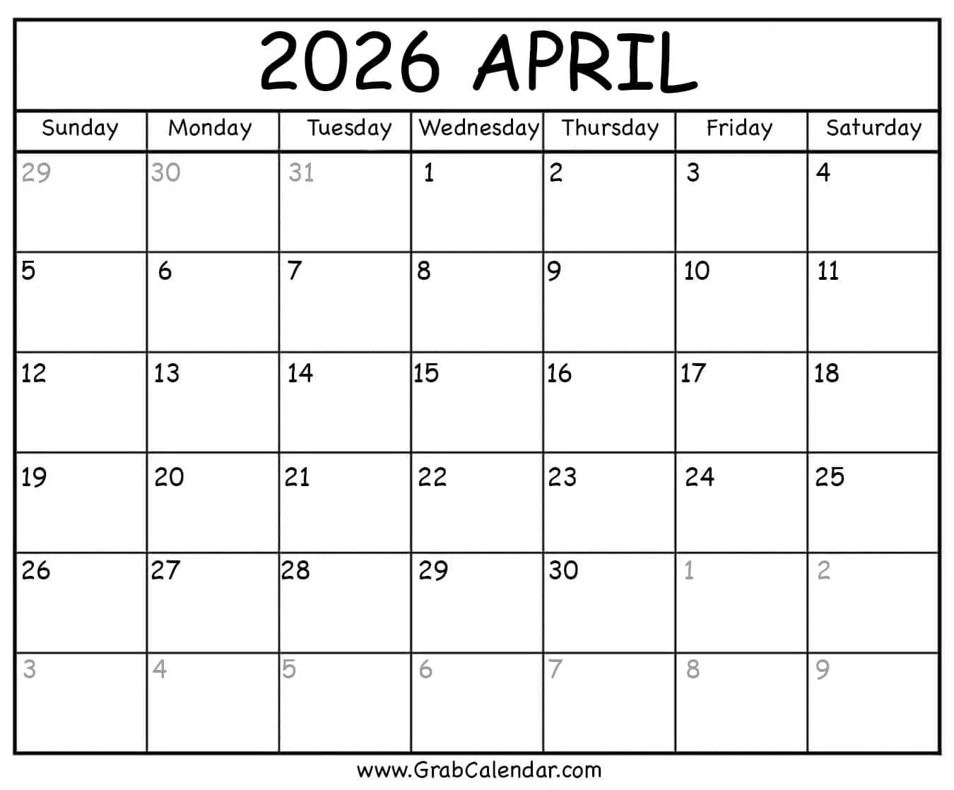 Printable April 2026 Calendar