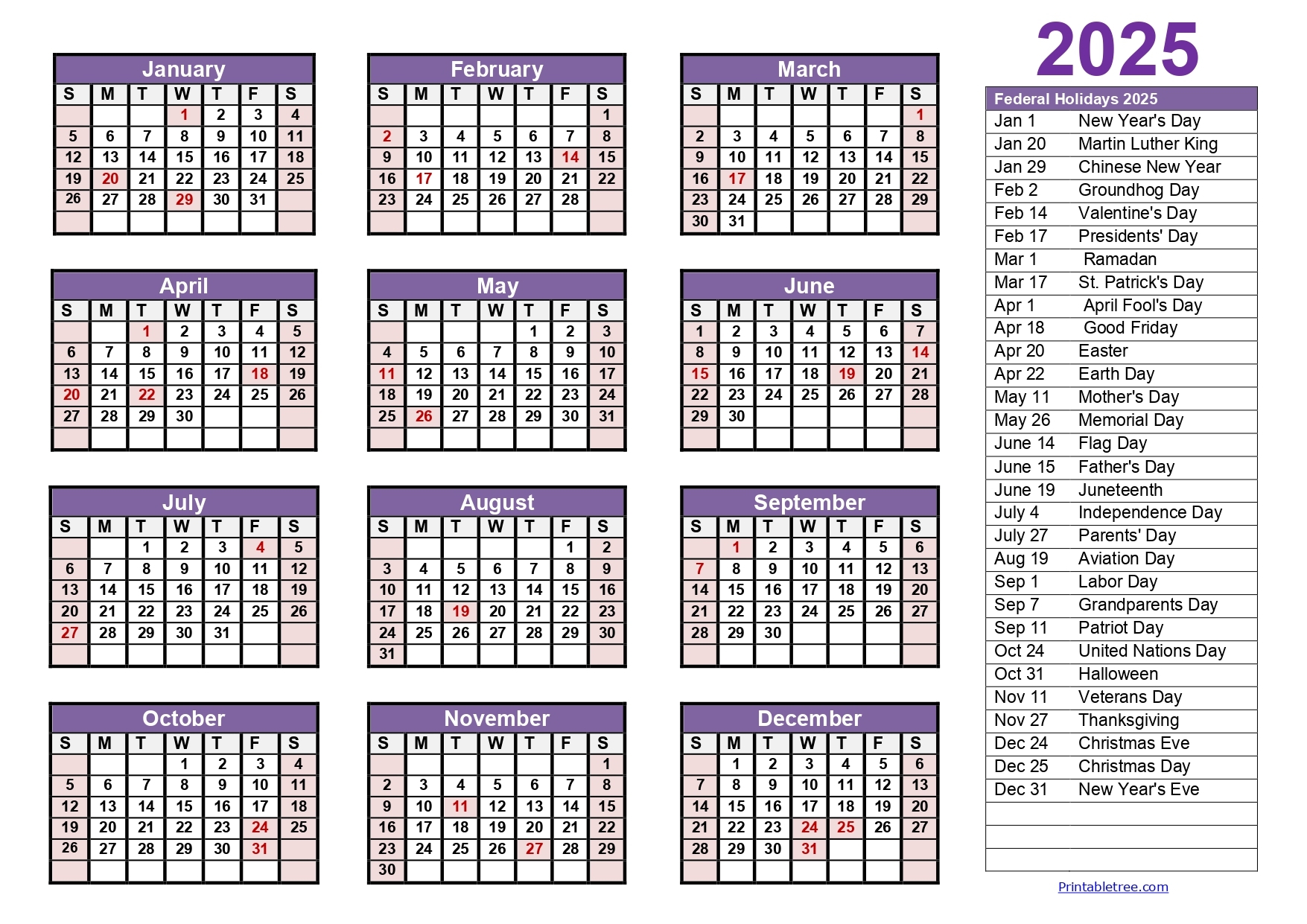 Printable Calendar 2025 One Page With Holidays Single Page 2025 