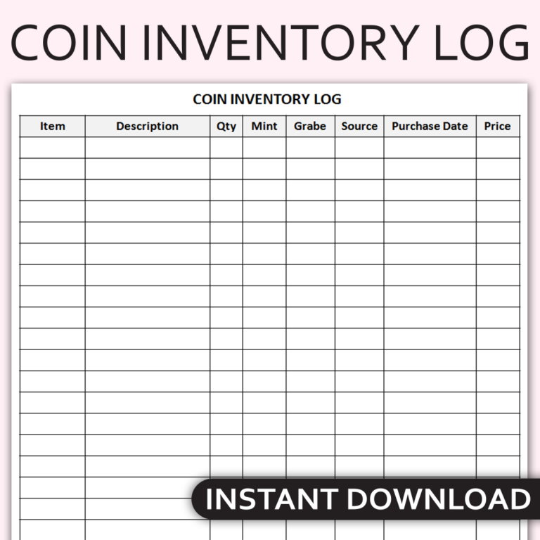 Printable Coin Inventory Log Coin Collection Log Coin Catalog Tracker Coin Collecting Record Keeping Worksheets Library