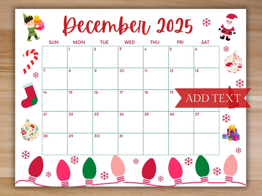 Printable December Calendar 2025 Christmas Calendar Holiday Calendar December 2025 Printable Calendar Family Calendar Printable Digital Etsy