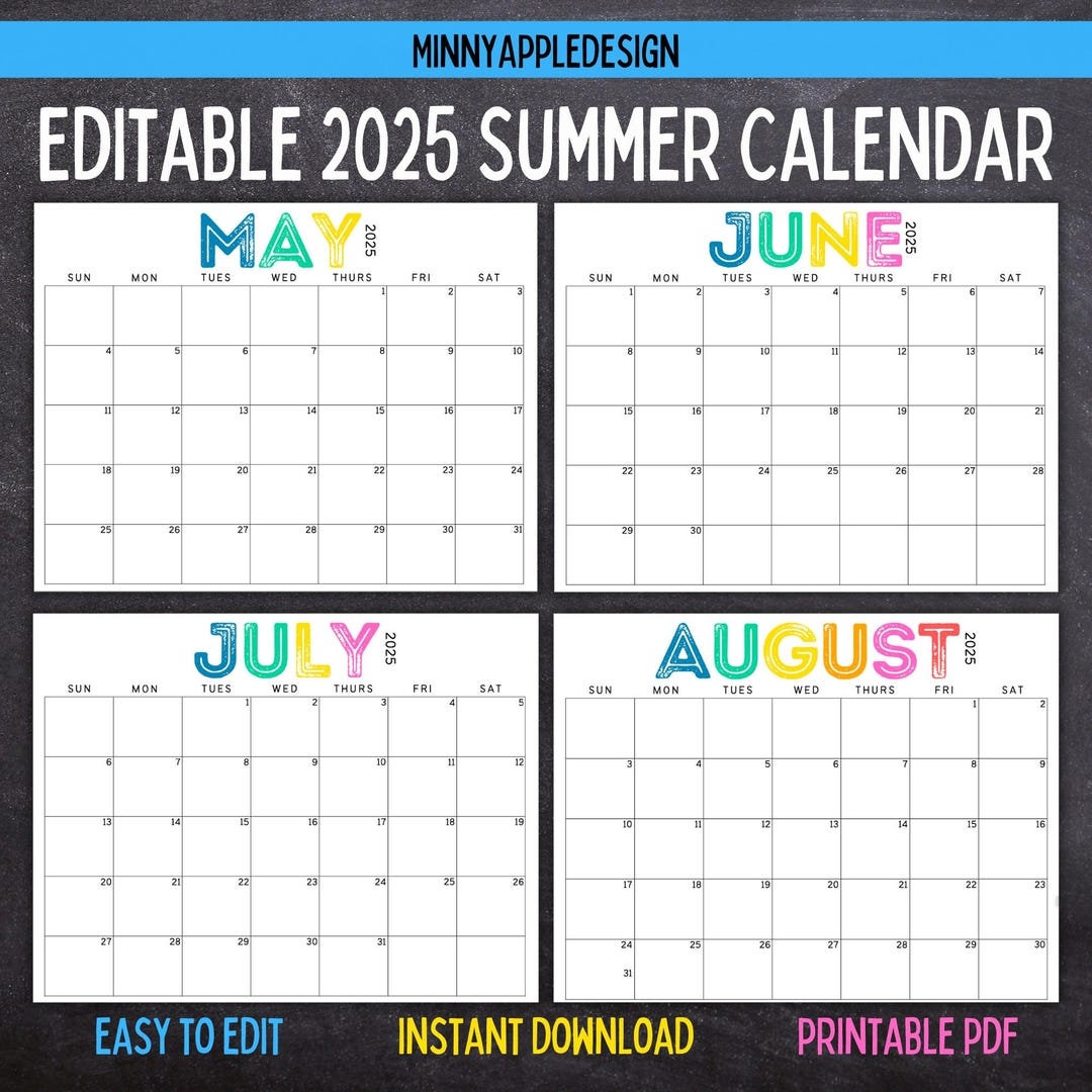 Printable Editable SUMMER Calendar June July August Calendar May 2025 June 2025 July 2025 August 2025 Summer Planner Etsy