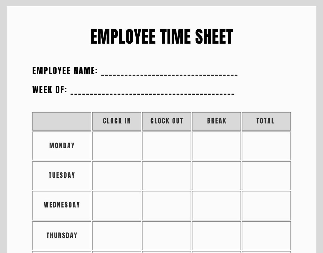 Printable Employee Timesheet Printable Timecard Work Schedule Tracker Easy Work Log Employee Time Sheet Temporary Employee Timecard Etsy