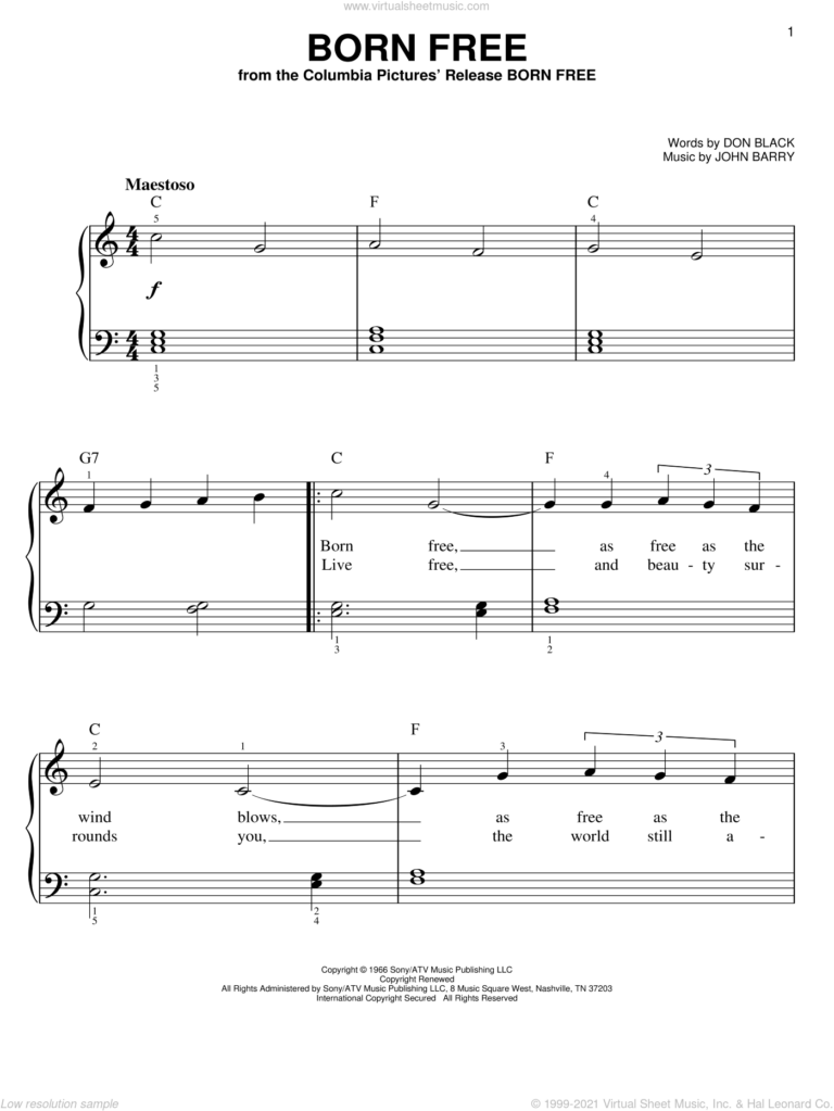 Printable Free Sheet Music Born Free By John Barry Piano Solo 1966 Sheet Music Born Free Sheet Music