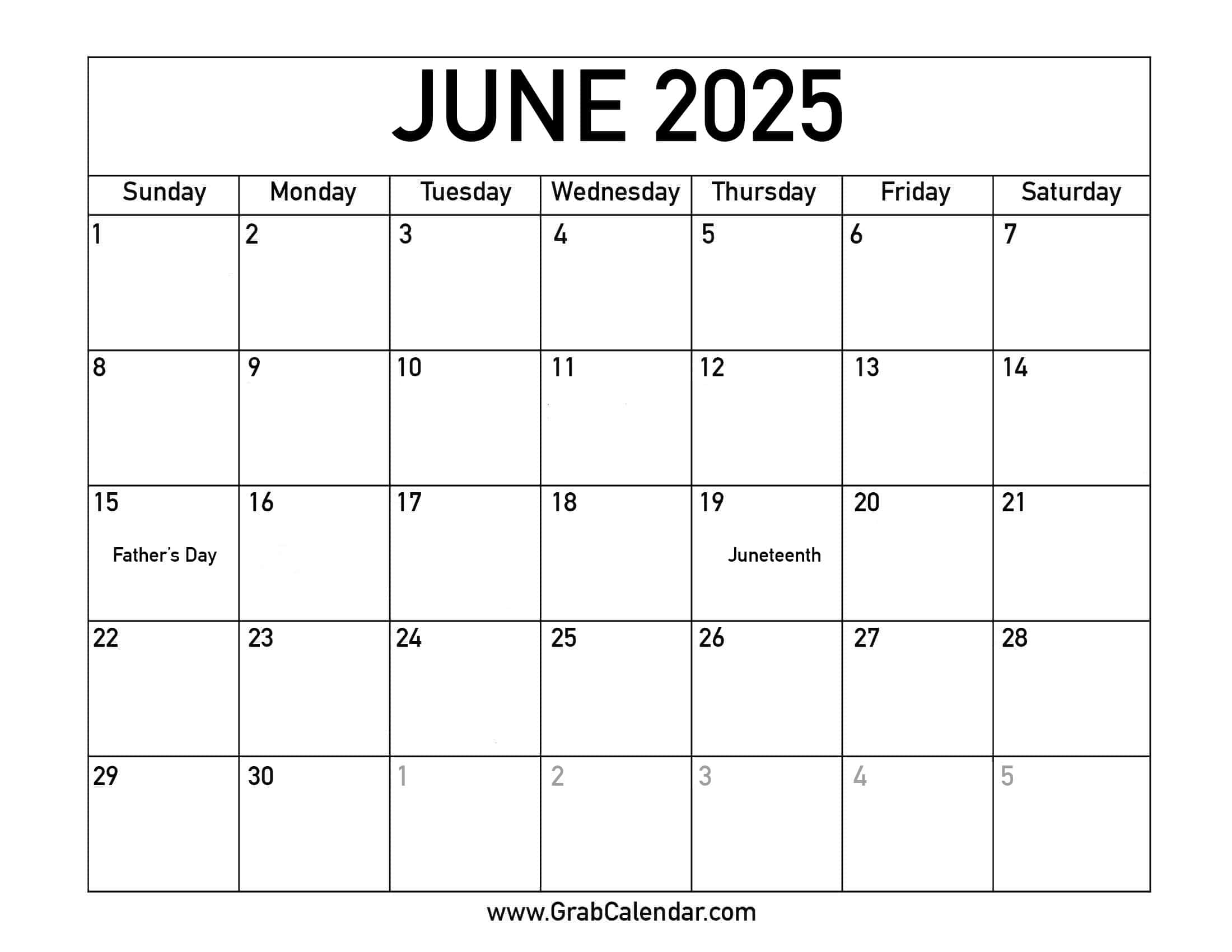 Printable June 2025 Calendar