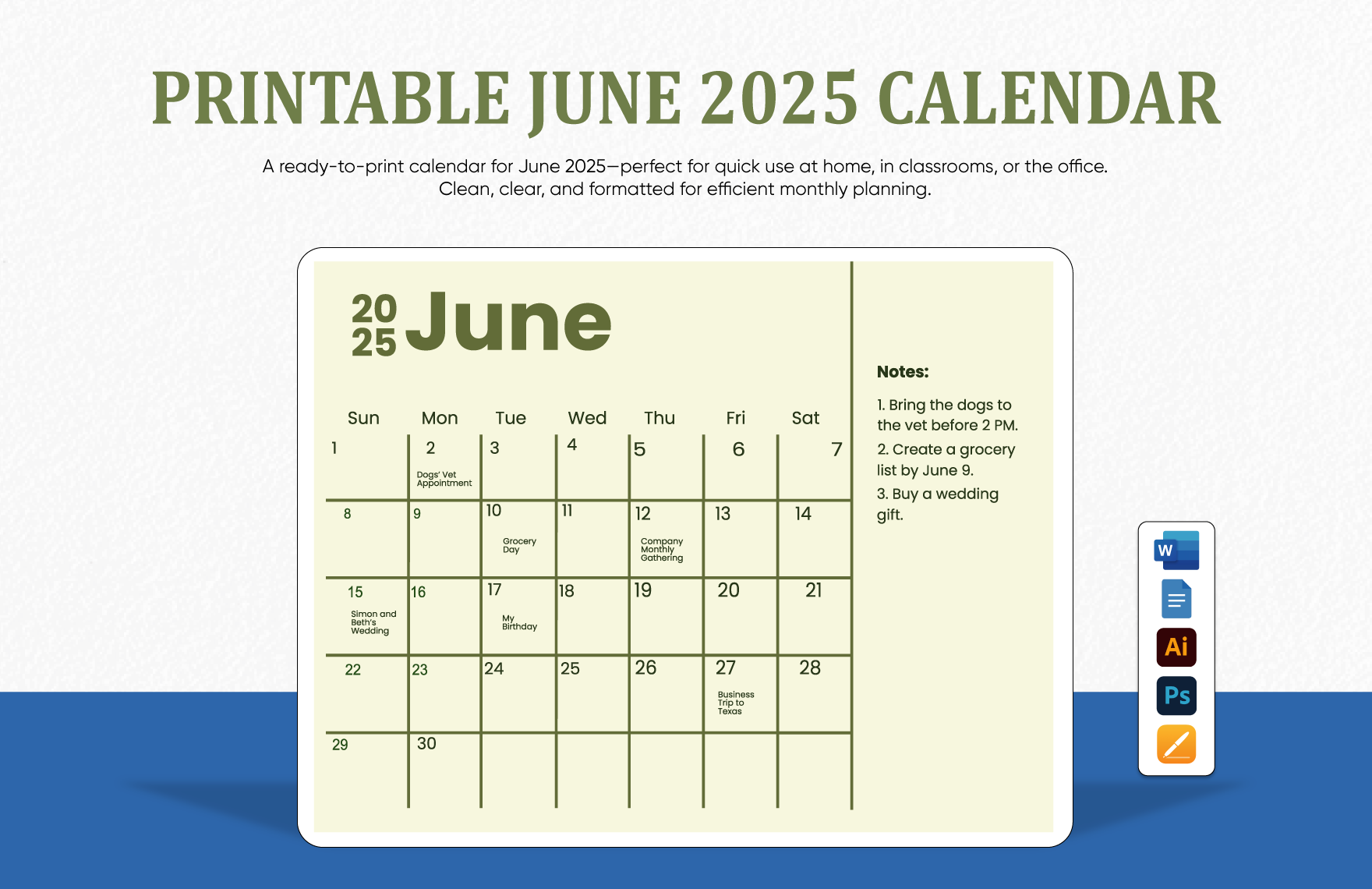 Printable June 2025 Calendar Template In Illustrator Word Apple Pages PSD Google Docs To Download Template
