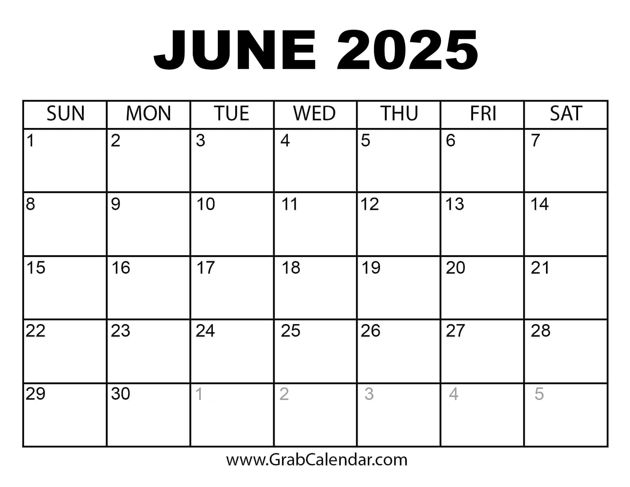 Printable June 2025 Calendar