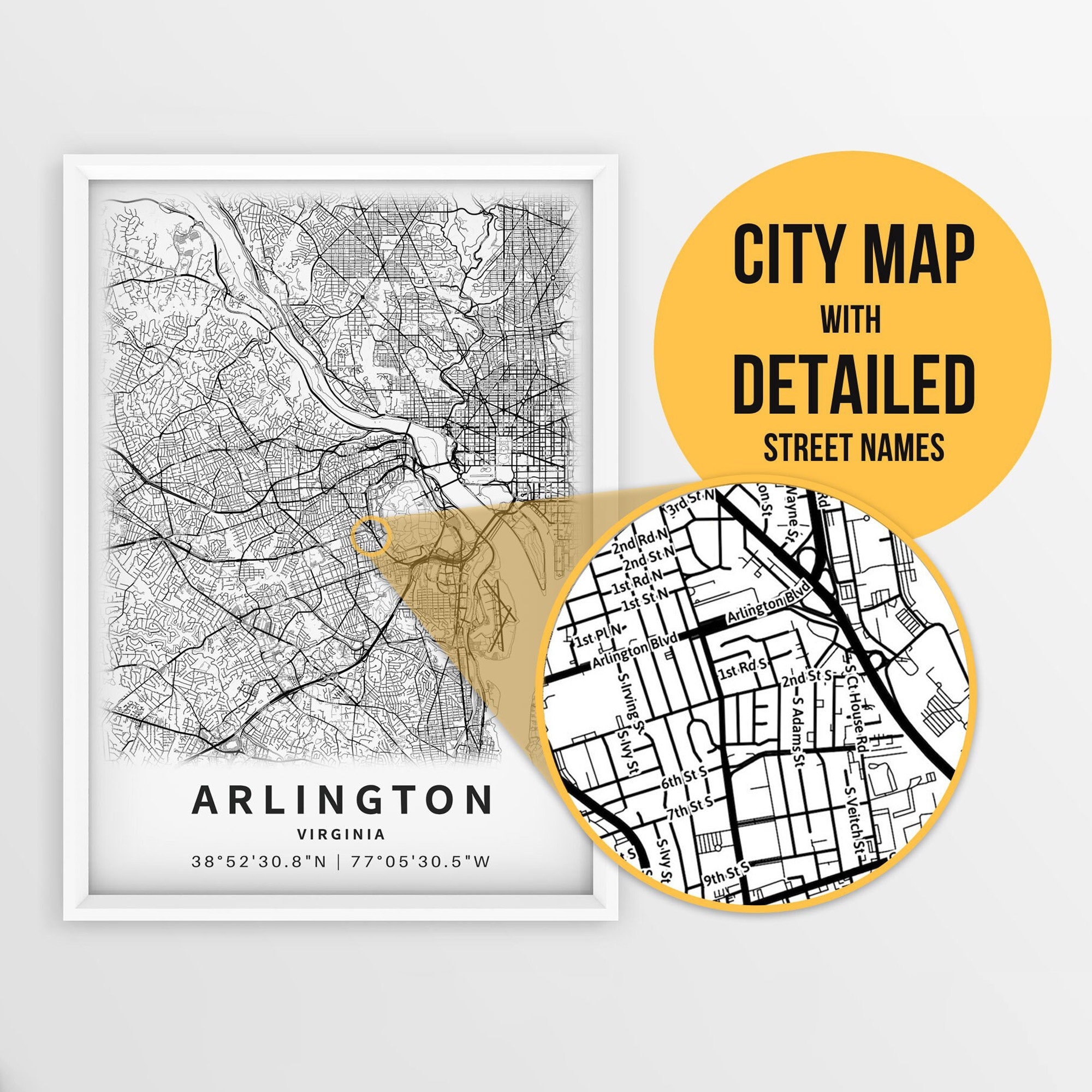 Printable Map Of Arlington Virginia USA With Street Names Instant Download City Map Travel Gift City Poster Road Map Print Etsy