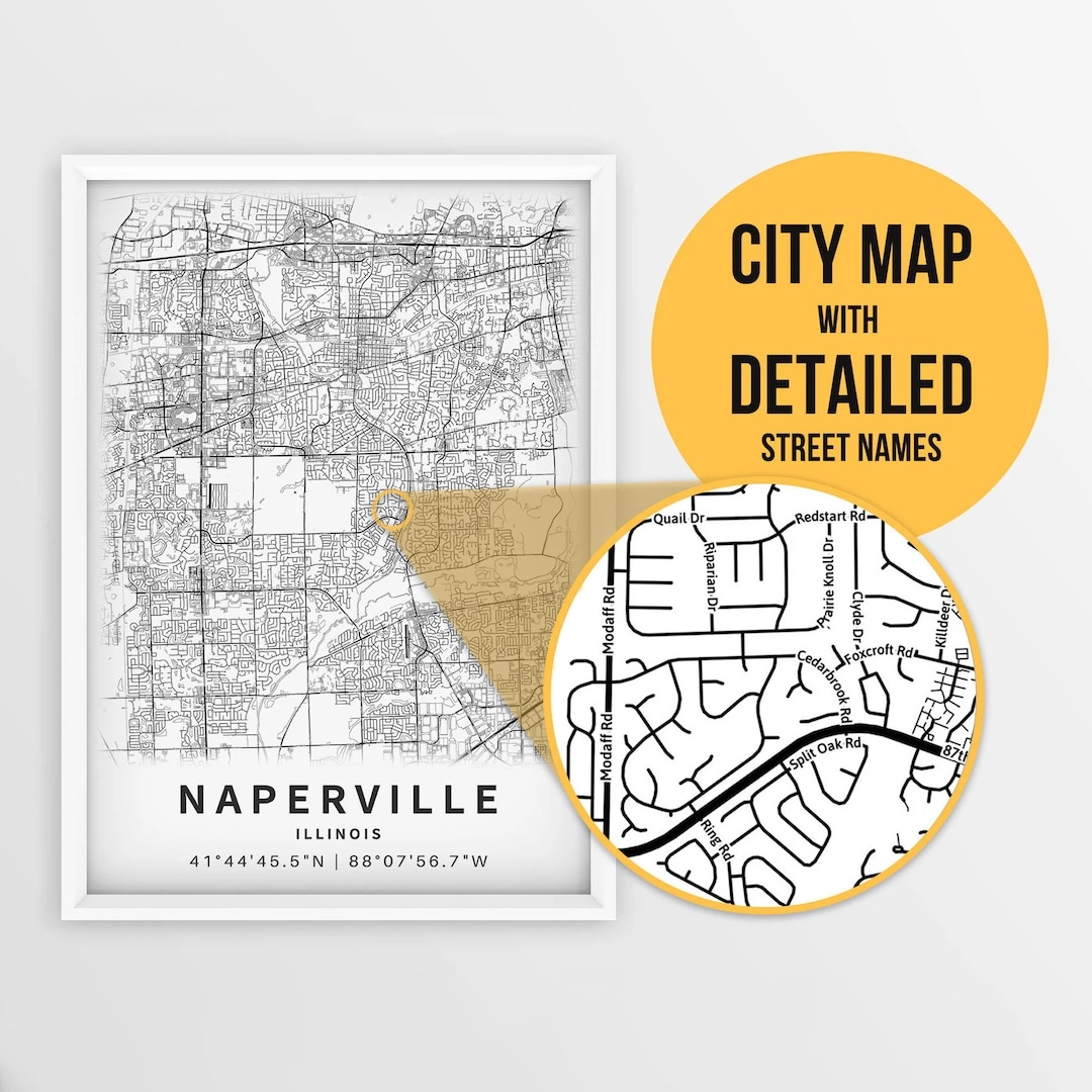 Printable Map Of Naperville Illinois USA With Street Names Instant Download City Map Travel Gift City Poster Road Map Print Etsy