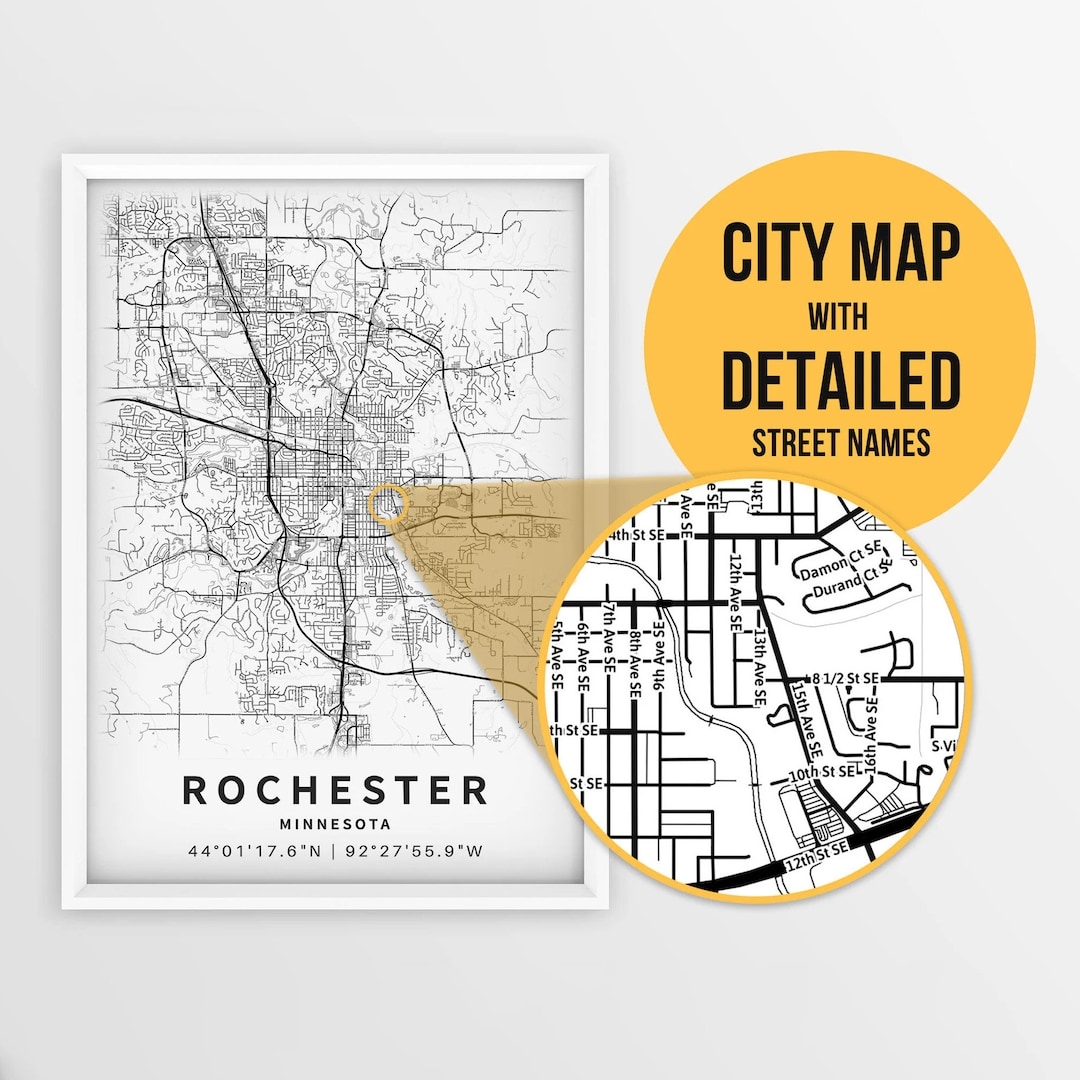 Printable Map Of Rochester Minnesota USA With Street Names Instant Download City Map Travel Gift City Poster Road Map Print Etsy New Zealand