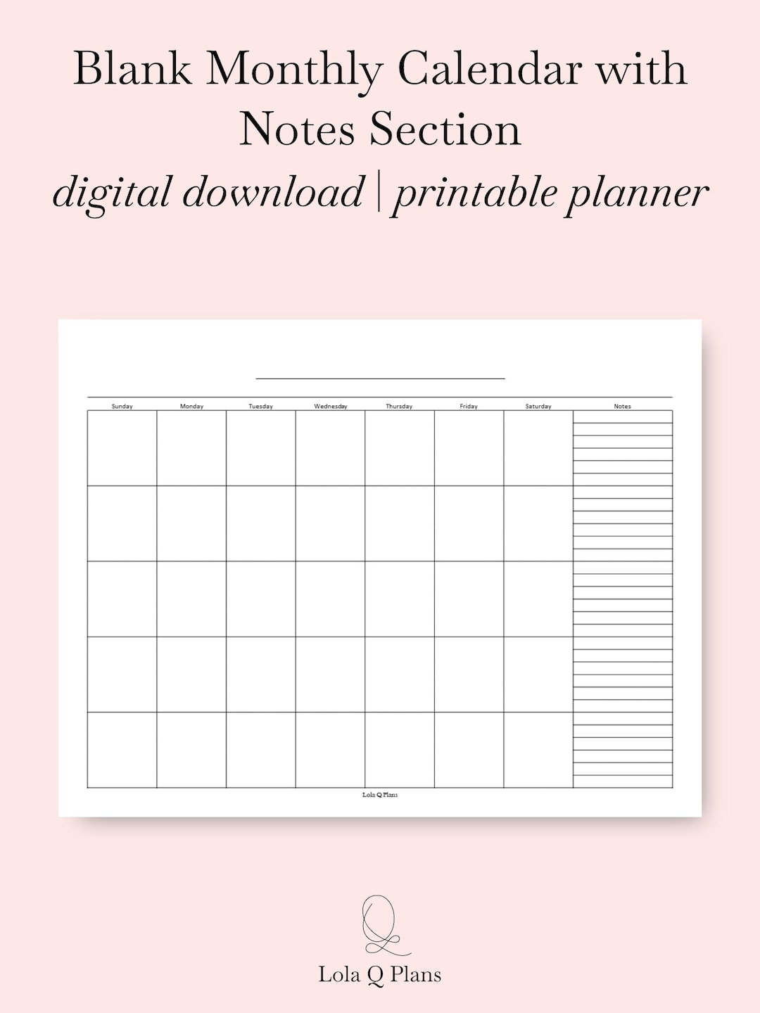 Printable Monthly Calendar With Notes Section Calendar Insert Minimalist Digital Calendar Monthly Calendar With Lined Notes Section Etsy