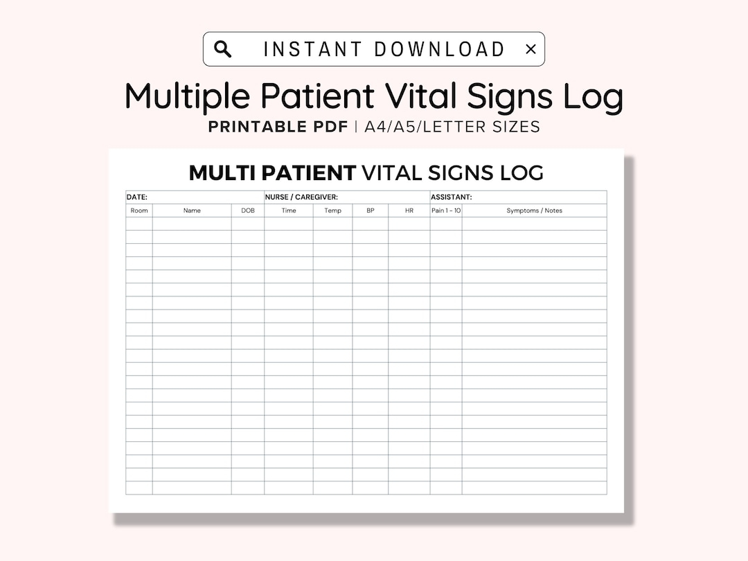 Printable Multiple Patients Vital Signs Log PDF Digital Downloads A4 a5 letter Caregiving Template Nurse Report Sheet vital Signs Tracker Etsy