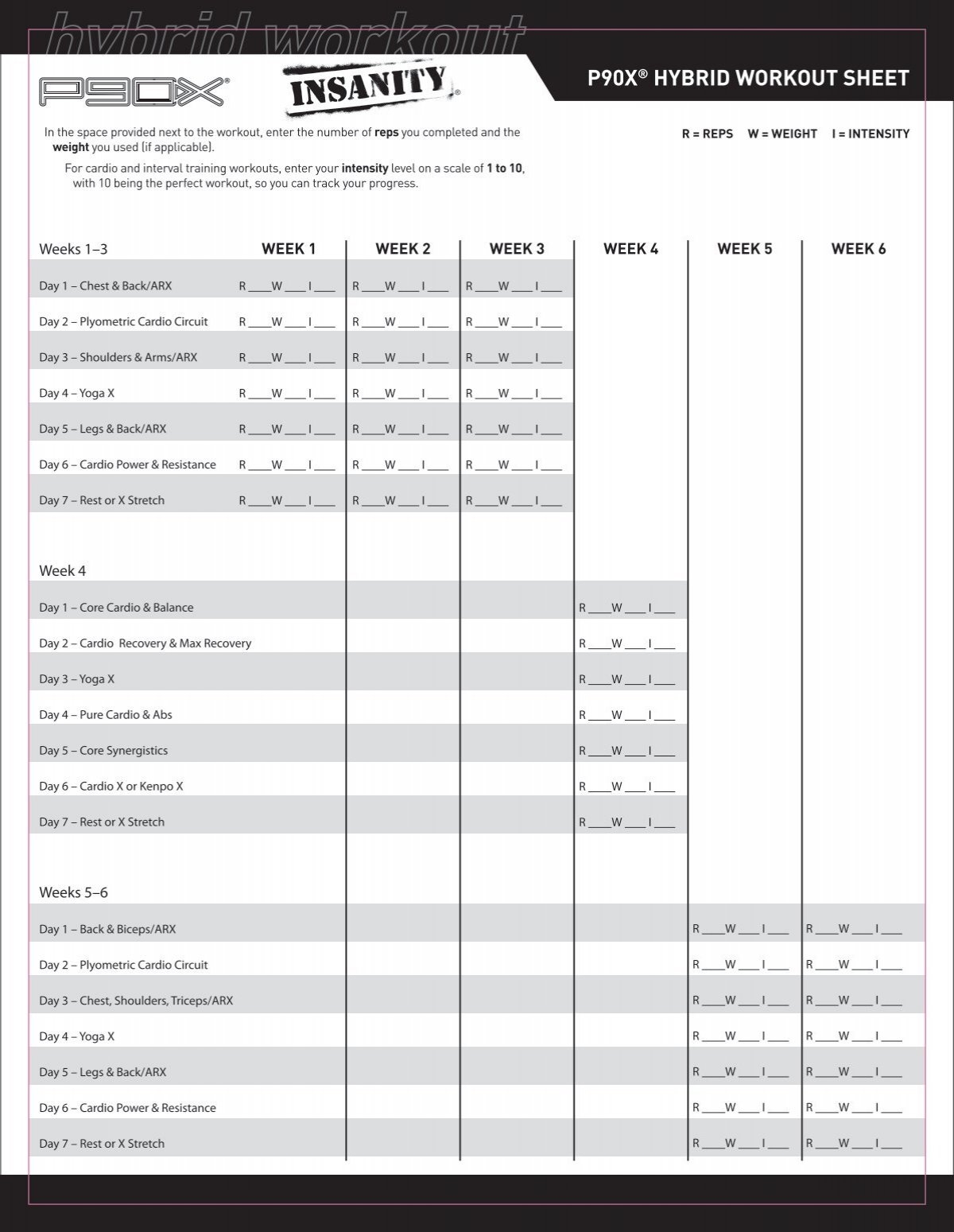 P90x Workout Calendar Printable
