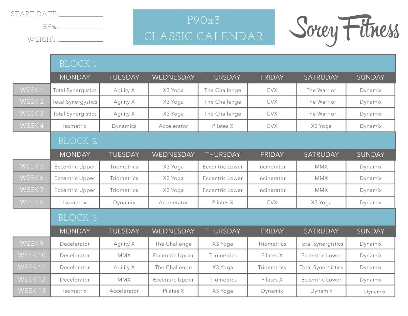 Printable P90x3 Classic Schedule Lean Workout Calendar P90x Doubles Fitness P90x Ab Ripper X List