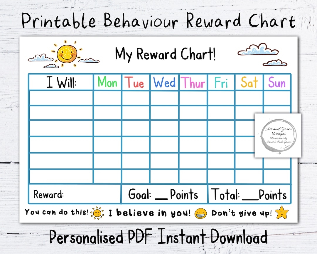 Printable PDF Reward Chart Personalised Instant Download Kid s Behaviour Chart Sun And Clouds Encouragement Chart Etsy