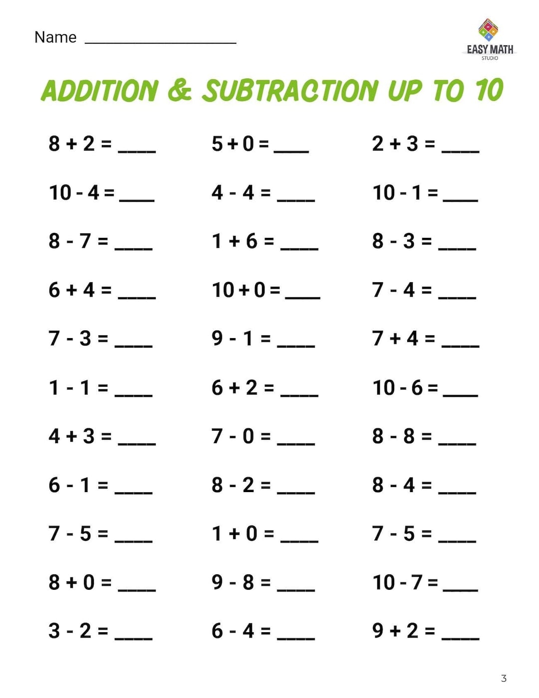 Printable Pre school And Elementary School Math Addition And Subtraction Worksheet Etsy