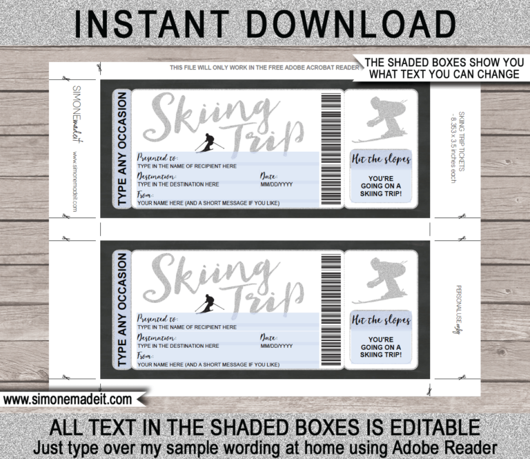 Printable Ski Trip Gift Voucher Template Editable Skiing Gift Ticket