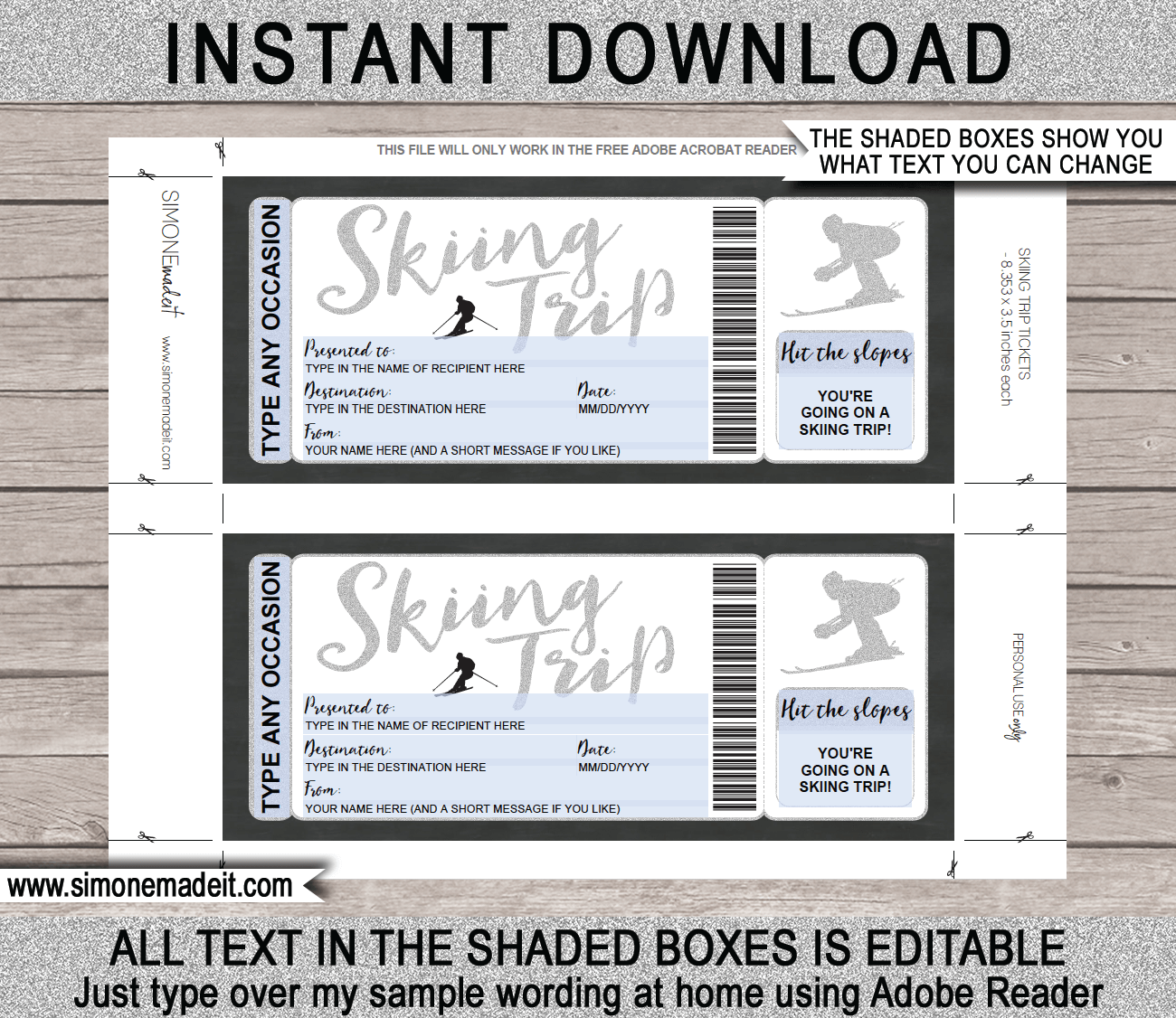 Printable Ski Trip Gift Voucher Template Editable Skiing Gift Ticket