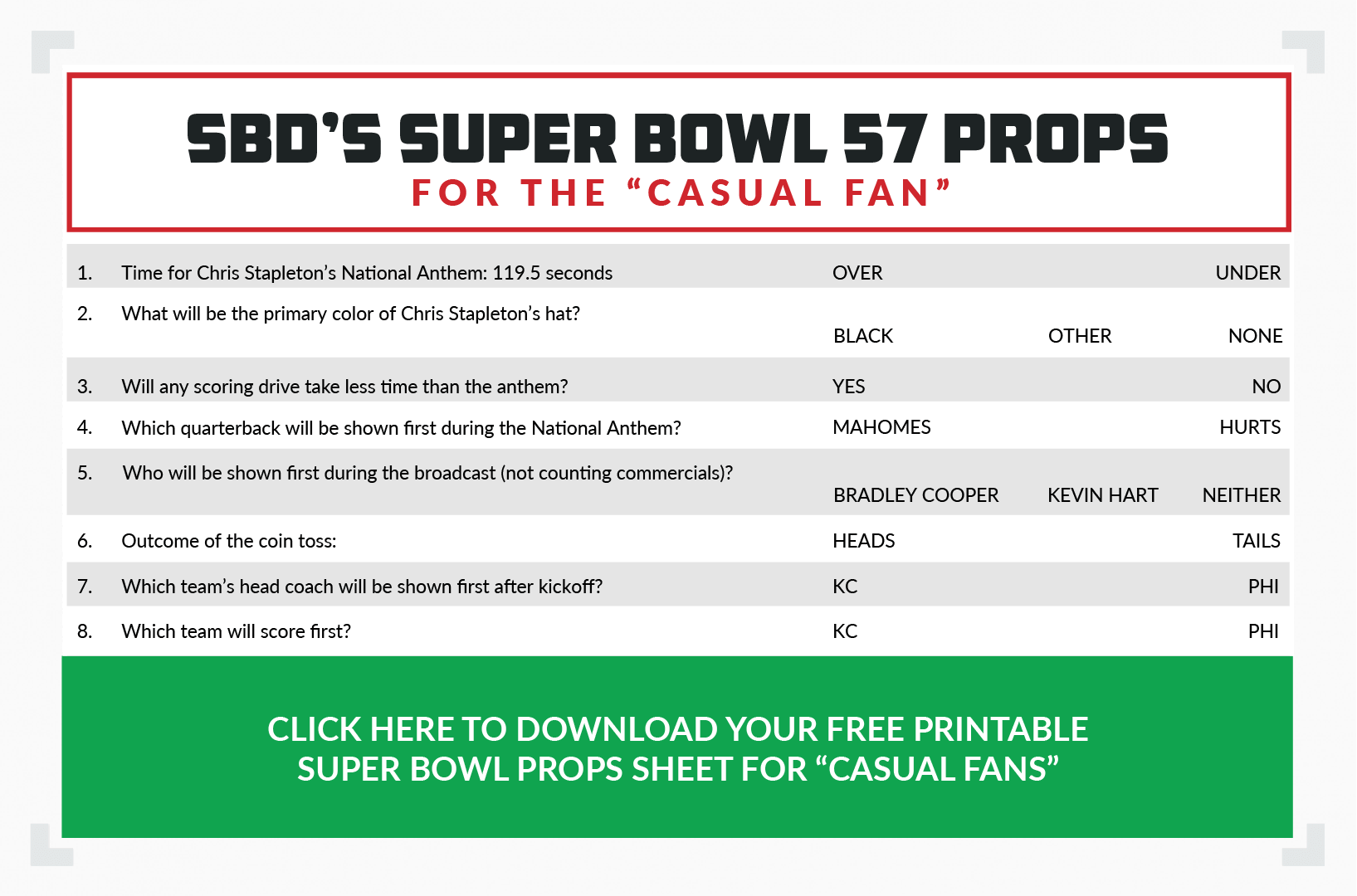 Printable Super Bowl 57 Props Sheet Download The 2023 Sheet Play At Your Party