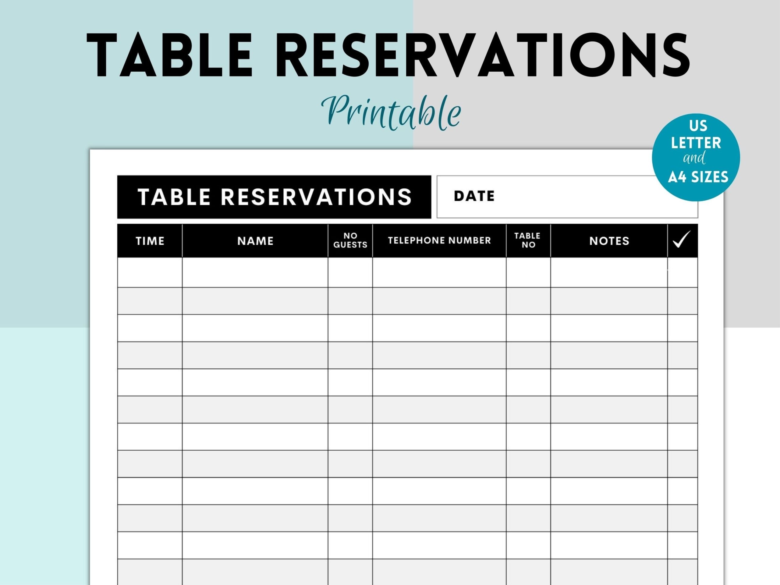 Printable Table Reservation List Restaurant Table Reservation Printable Table Reservation List Restaurant Table Reservation