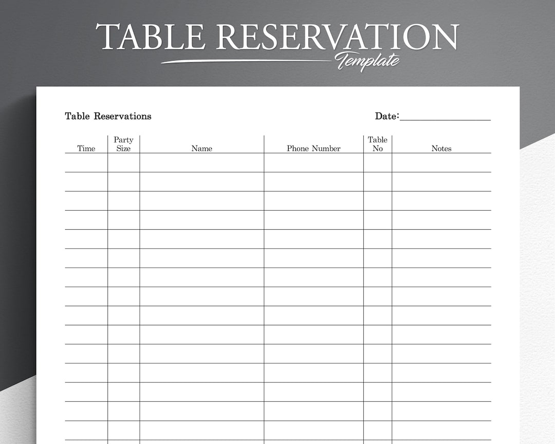Printable Table Reservation List Restaurant Table Reservation Form Restaurant Reservation Sheet Etsy